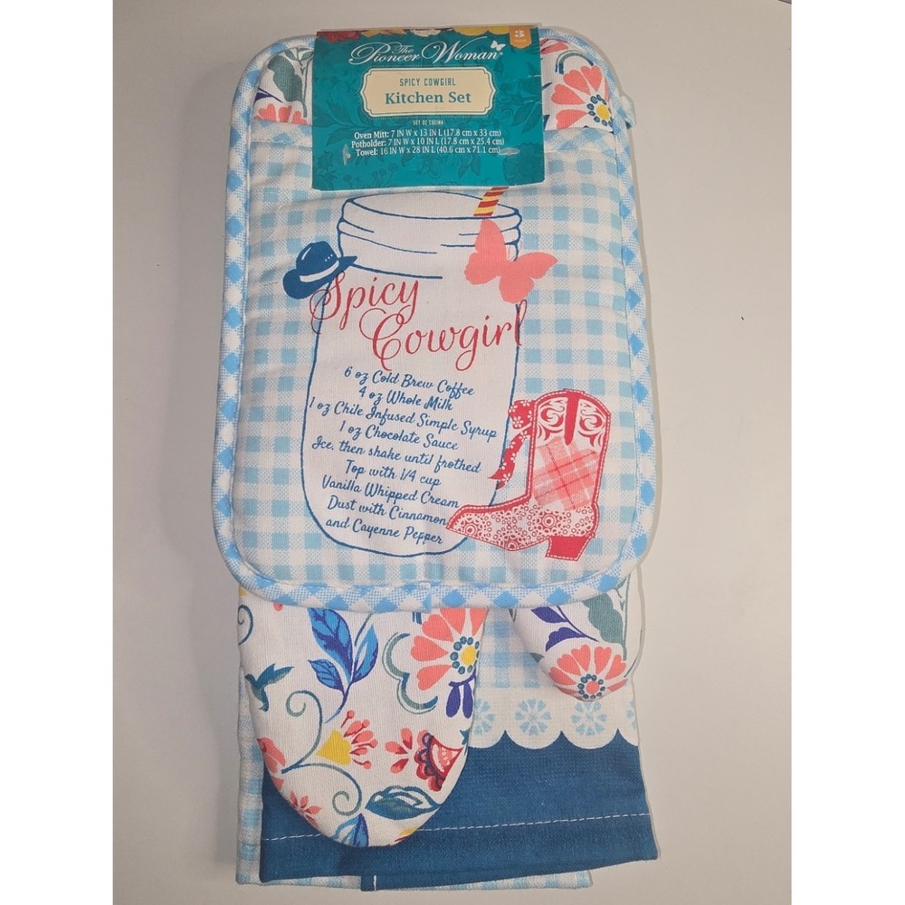 The Pioneer Woman Spicy Cowgirl 3 piece Kitchen Set‎ Towel Oven Mitt Potholder